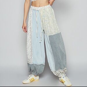 POL Patchwork Light Blue & Cream Floral Jogger Pants